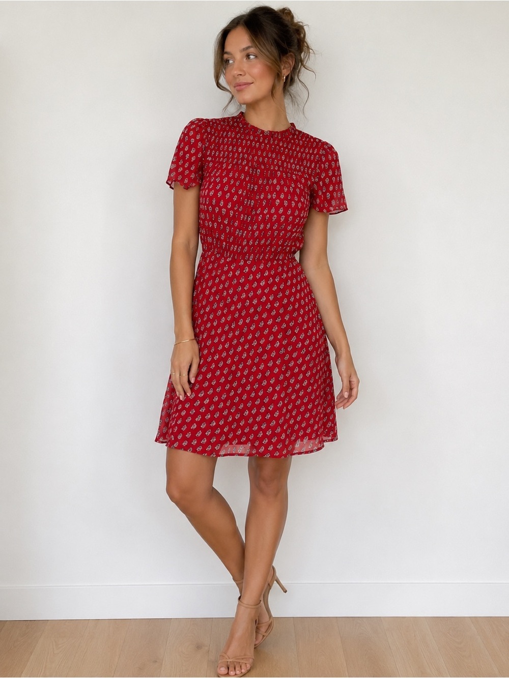 LOFT Red Paisley Print Swiss Dot Mini Dress | Ruffle Neck | Short Sleeve Size 8